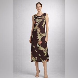 Harari 100%‎ Silk Brown Floral Cowl Neck Sleeveless Dress semi-sheer Size M $394